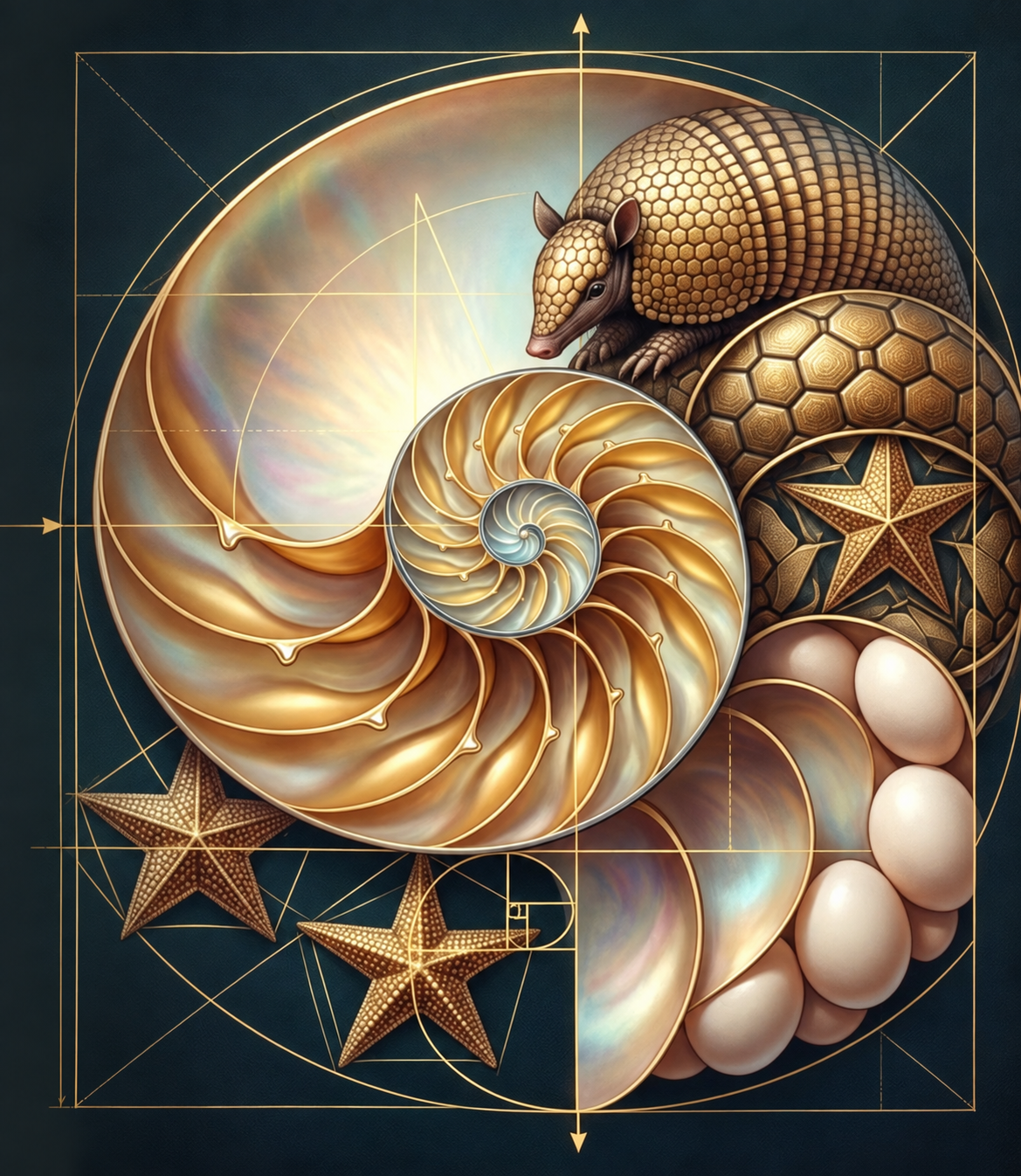 Composição fornecida com náutilo espiralado, tatu, estrelas do mar e ovos, conectados por construções geométricas.